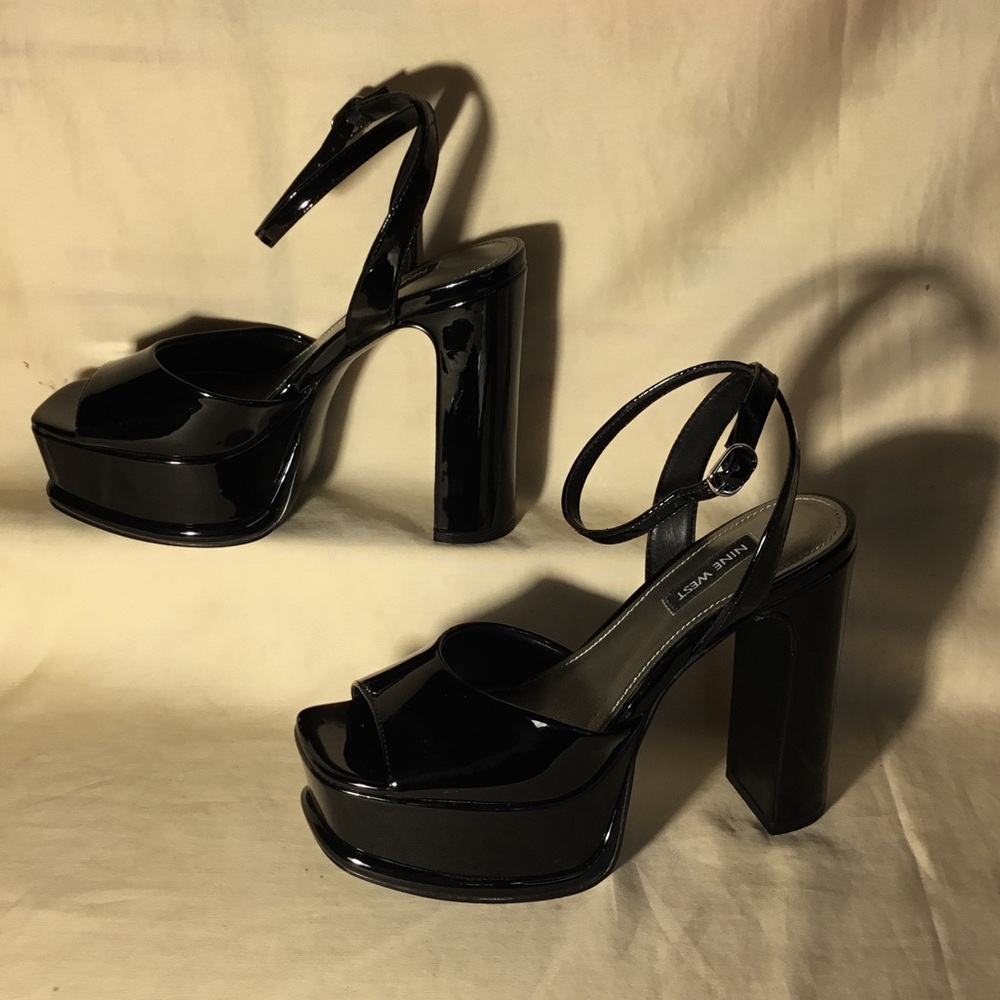 Nine West Patent Platform Sandal Heels - Black
